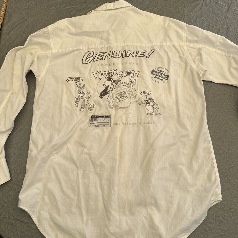 Vintage Warner Bros Shirt Men's L/XL Looney Tunes White Embroidered Long Sleeve
